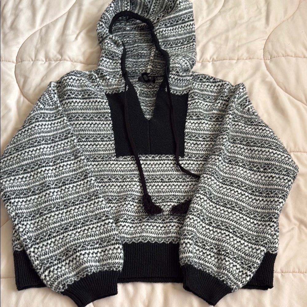 Aqua Black and Gray Striped Hooded Sweater